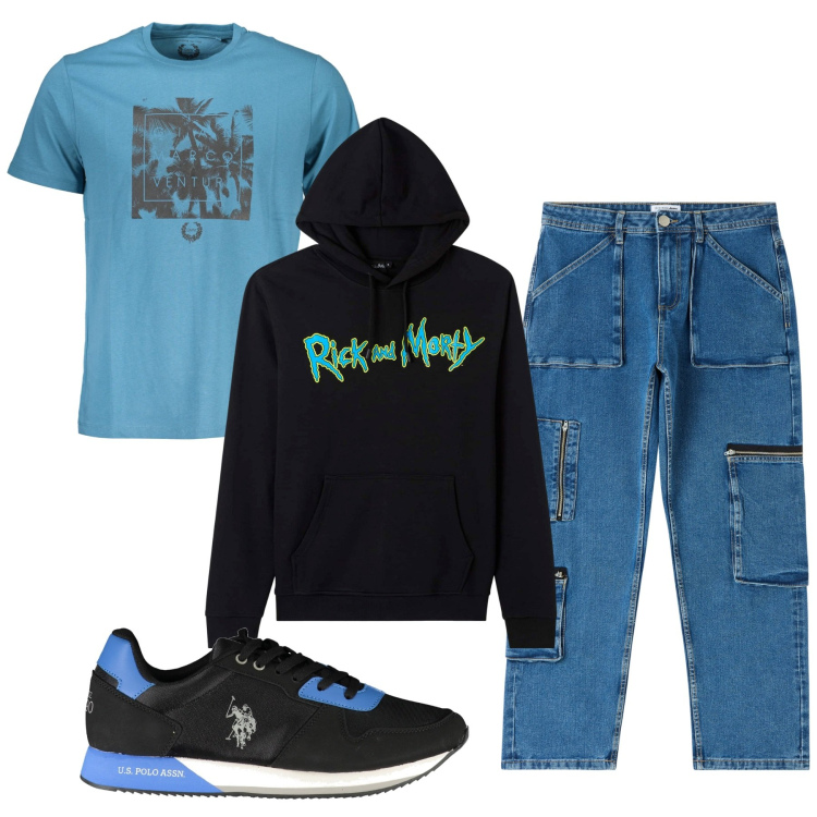 Outfit uomo - Total look. Stile Urban per Tutti i giorni. Abbinamento con jeans, felpe con cappuccio, t-shirt, scarpe sportive.