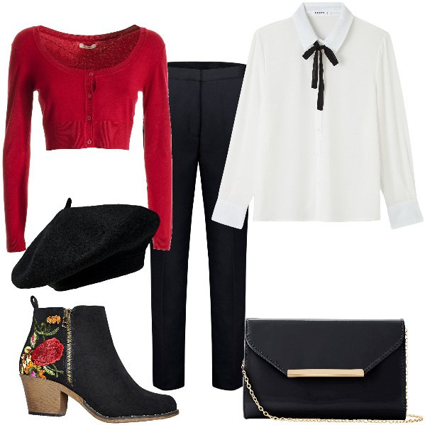 Outfit donna - Total look #1843859. Stile Bon Ton per Serata fuori. Abbinamento con stivaletti, pochette, camicie, cardigans, pantaloni, cappelli e berretti.