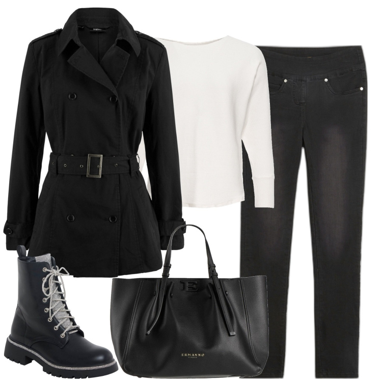 Outfit donna - Il trench nero. Stile Casual chic per Cerimonia. Abbinamento con borse a mano, trench, jeans, maglieria, anfibi.