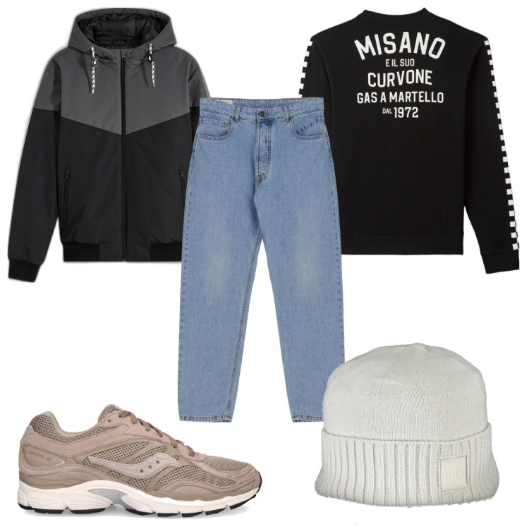 Outfit uomo - Total look #1843865. Stile Casual per Tutti i giorni. Abbinamento con giacche, felpe, jeans slim fit, sneakers, berretti.