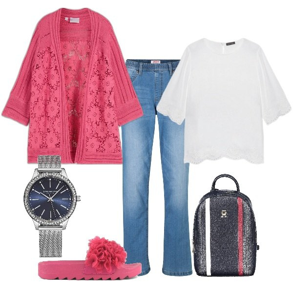 Outfit donna - Primavera di colore. Stile Romantica per Tutti i giorni. Abbinamento con cardigans, jeans dritti, orologi, ciabatte, zaini, bluse.