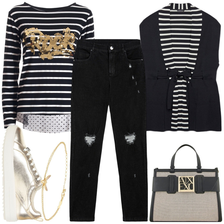 Outfit donna - L\'outfit marinière in città. Stile Casual per Scuola/Università. Abbinamento con sneakers, braccialetti, t-shirt, jeans skinny, gilet, borse tote.