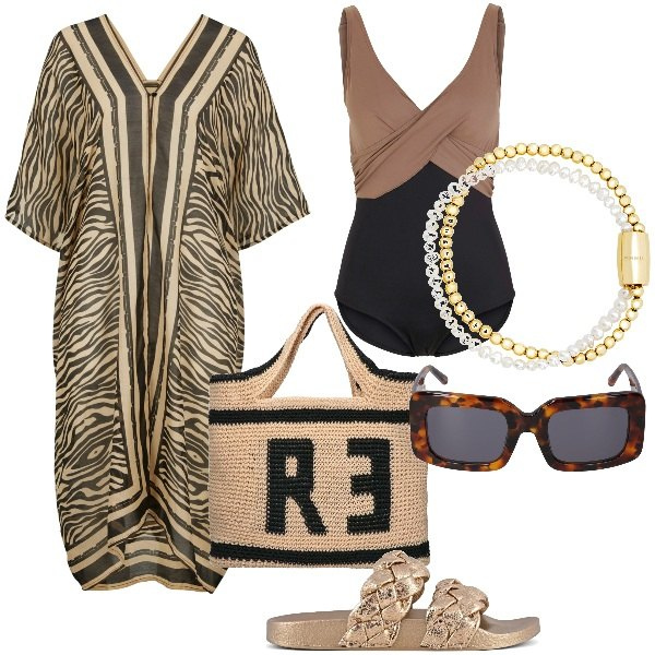 Outfit donna - Fuga esotica. Stile Basic per Mare. Abbinamento con costumi interi, vestiti da spiaggia, braccialetti, ciabatte, shopping bag, occhiali da sole.