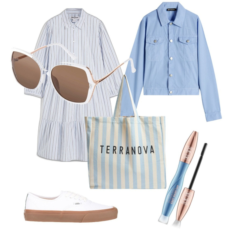 Outfit donna - L\'abito camicia. Stile Casual per Tutti i giorni. Abbinamento con vestiti, occhiali da sole, sneakers, mascara, borse tote, blazer.