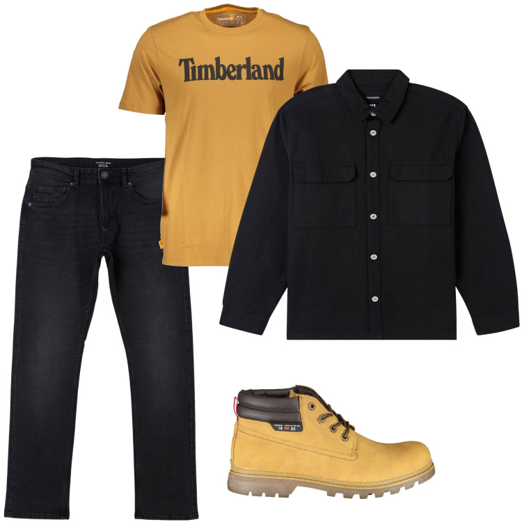 Outfit uomo - Total look #1843918. Stile Trendy per Tutti i giorni. Abbinamento con cappotti, jeans dritti, t-shirt, stivali.