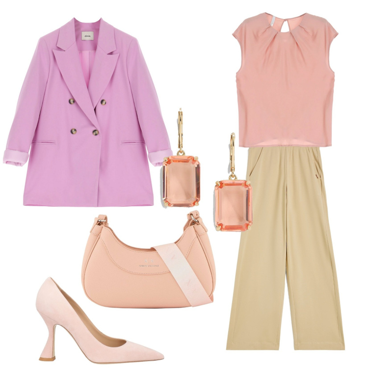 Outfit donna - Rose Peach. Stile Chic per Cerimonia. Abbinamento con décolleté, top, pantaloni a palazzo, blazer, orecchini, borse a spalla.
