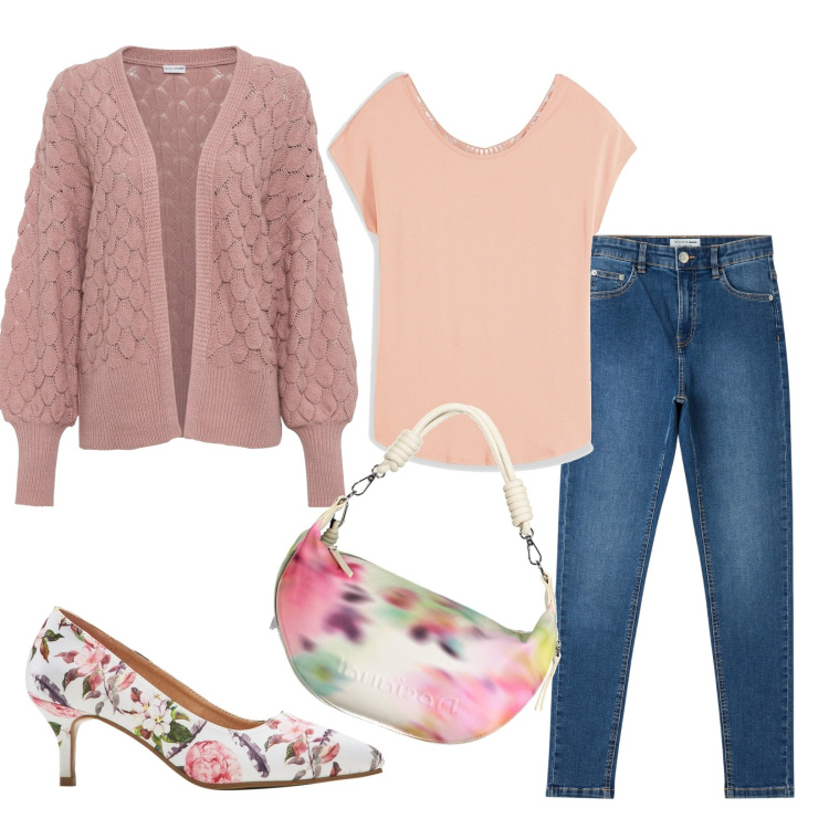 Outfit donna - Colore pesca. Stile Trendy per Tutti i giorni. Abbinamento con cardigans, décolleté, maglieria, jeans skinny, borse a spalla.