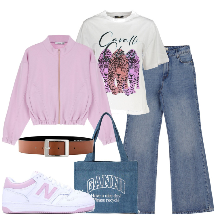 Outfit donna - City. Stile Urban per Tutti i giorni. Abbinamento con cinture, felpe, jeans, t-shirt, sneakers, shopping bag.