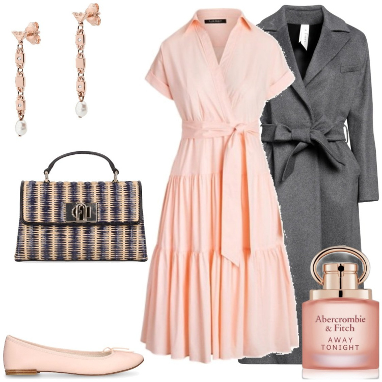 Outfit donna - Peach fuzz. Stile Glamour per Tutti i giorni. Abbinamento con orecchini, cappotti, profumi, vestiti, ballerine, borse a spalla.