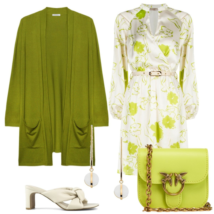 Outfit donna - Verde primavera. Stile Chic per Tutti i giorni. Abbinamento con orecchini, borse a tracolla, vestiti corti, sandali col tacco, cardigans.
