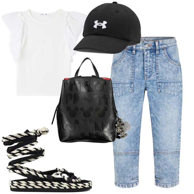 Outfit donna - City. Stile Urban per Tutti i giorni. Abbinamento con pantaloni capri, t-shirt, sandali, zaini, cappelli.