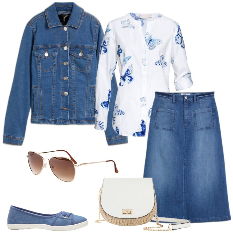Outfit donna - Total look #1843979. Stile Casual per Tutti i giorni. Abbinamento con gonne longuette, ballerine, blazer, borse a tracolla, occhiali da sole, camicie.