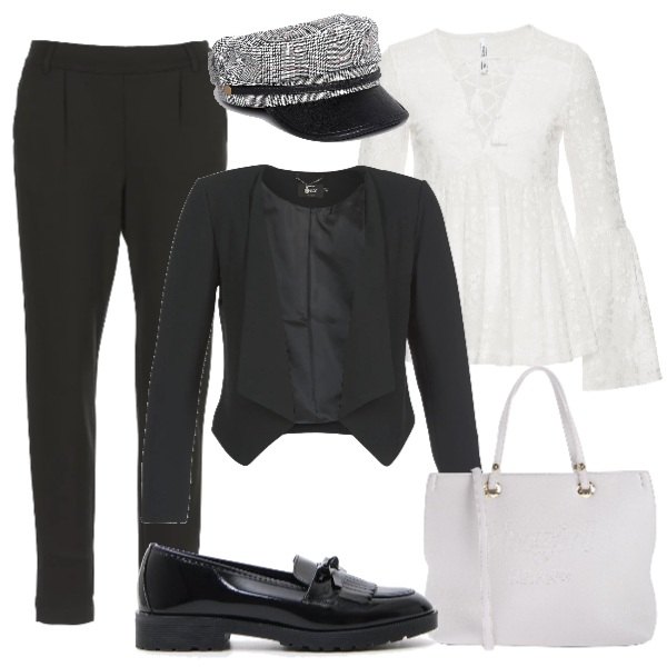 Outfit donna - Maschile a prezzi contenuti. Stile Trendy per Ufficio. Abbinamento con blusa con pizzo scollo profondo bianco, borsa a mano taglia media con zip tinta unita, pantalone nero, giacca nero, mocassini con fiocco effetto vernice con punta tonda nero, berretto a quadri.