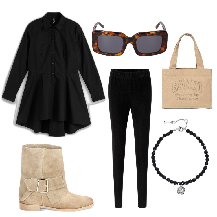 Outfit donna - I want to be cooool. Stile Casual per Tutti i giorni. Abbinamento con camicie, leggings, braccialetti, stivaletti texani, occhiali da sole, shopping bag.