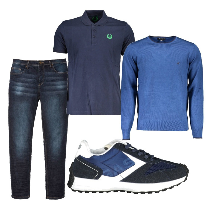 Outfit uomo - Total look #1844003. Stile Casual per Tutti i giorni. Abbinamento con jeans slim fit, polo, maglieria, scarpe sportive.