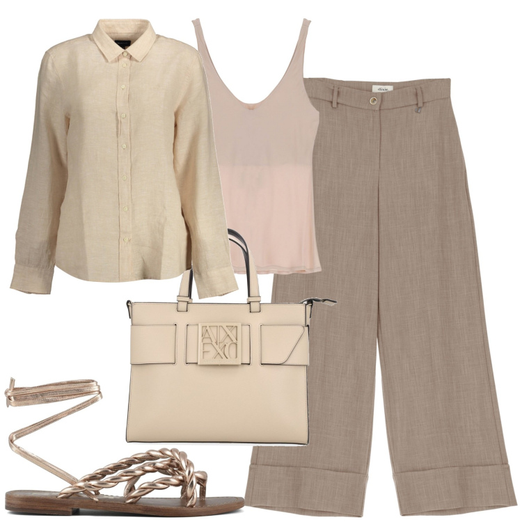 Outfit donna - City. Stile Casual chic per Tutti i giorni. Abbinamento con pantaloni a palazzo, canottiere, sandali, borse tote, camicie.
