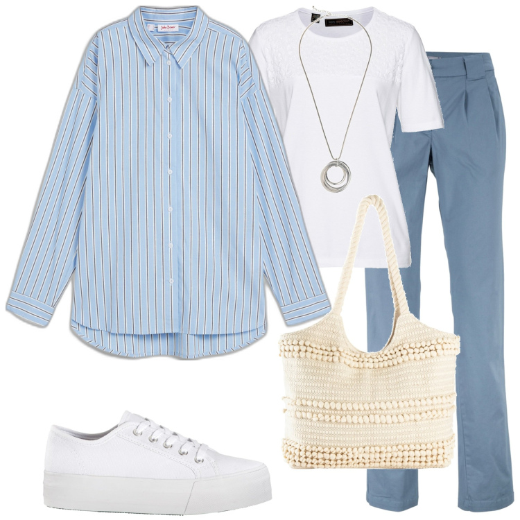 Outfit donna - Color cielo. Stile Casual per Tutti i giorni. Abbinamento con pantaloni chino, sneakers, camicie, t-shirt, shopping bag, collane.