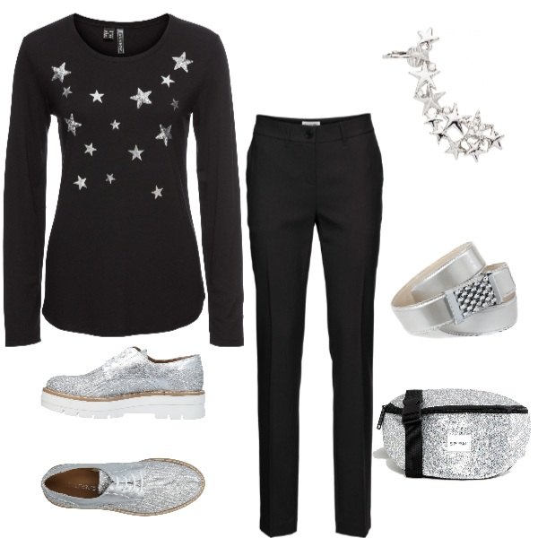 Outfit donna - Dettagli. Stile Basic per Tutti i giorni. Abbinamento con pantaloni, maglia con paillettes e scollo a maniche lunghe stretto nero, bluse, scarpe stringate stringate effetto laminato con tacco squadrato e punta tonda tinta unita, marsupio con paillettes e cinturino argento, cintura.