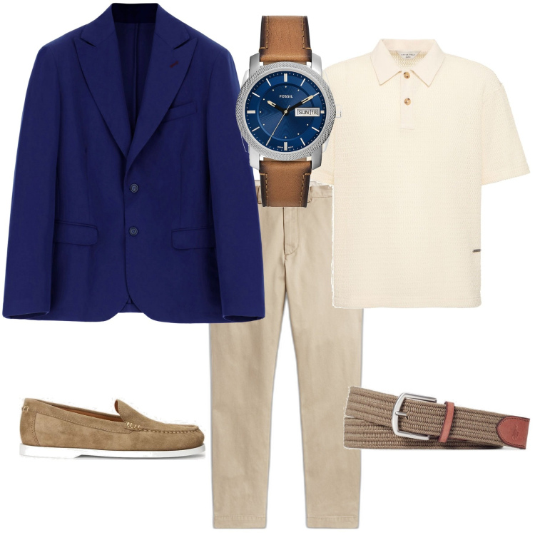 Outfit uomo - Trendy week end al mare. Stile Trendy per Tutti i giorni. Abbinamento con orologi, giacche, cinture, scarpe stringate, pantaloni chino, polo.