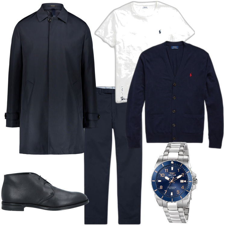 Outfit uomo - Trendy per l ufficio. Stile Trendy per Ufficio. Abbinamento con stivali e stivaletti, orologi, pantaloni chino, t-shirt, cardigans, giacche.