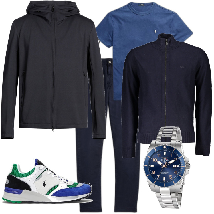 Outfit uomo - Casual gita fuori porta. Stile Trendy per Tutti i giorni. Abbinamento con piumini, orologi, t-shirt, pantaloni chino, sneakers, cardigans.