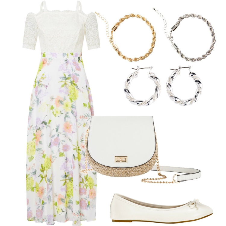 Outfit donna - Il corpetto in pizzo. Stile Romantica per Tutti i giorni. Abbinamento con ballerine, orecchini, borse a tracolla, vestiti, braccialetti.