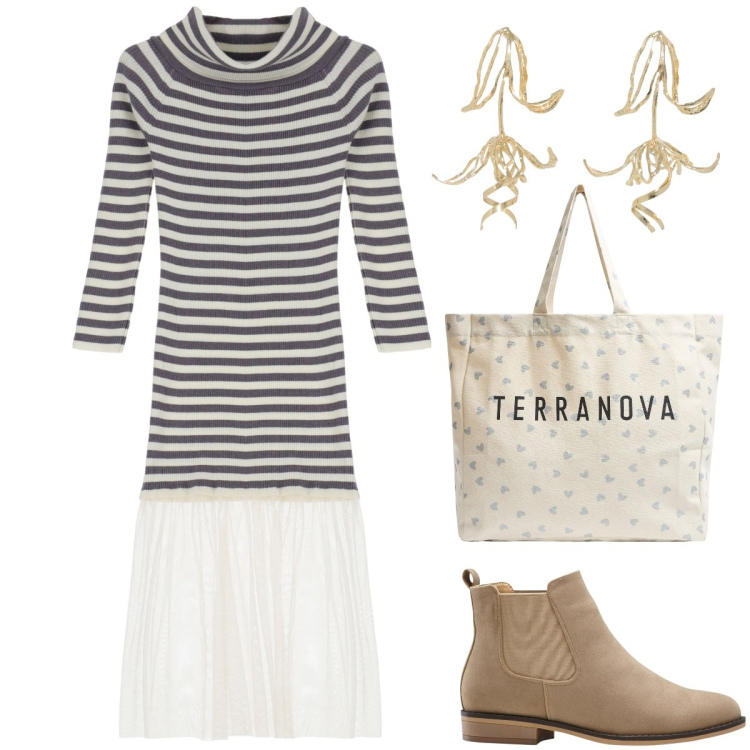 Outfit donna - Righe e tulle. Stile Casual chic per Ufficio. Abbinamento con stivaletti chelsea, shopping bag, vestiti midi/longuette, orecchini.