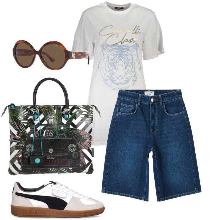 Outfit donna - Le bermuda in jeans. Stile Casual per Tutti i giorni. Abbinamento con borse a mano, bermuda, occhiali da sole, sneakers, t-shirt.