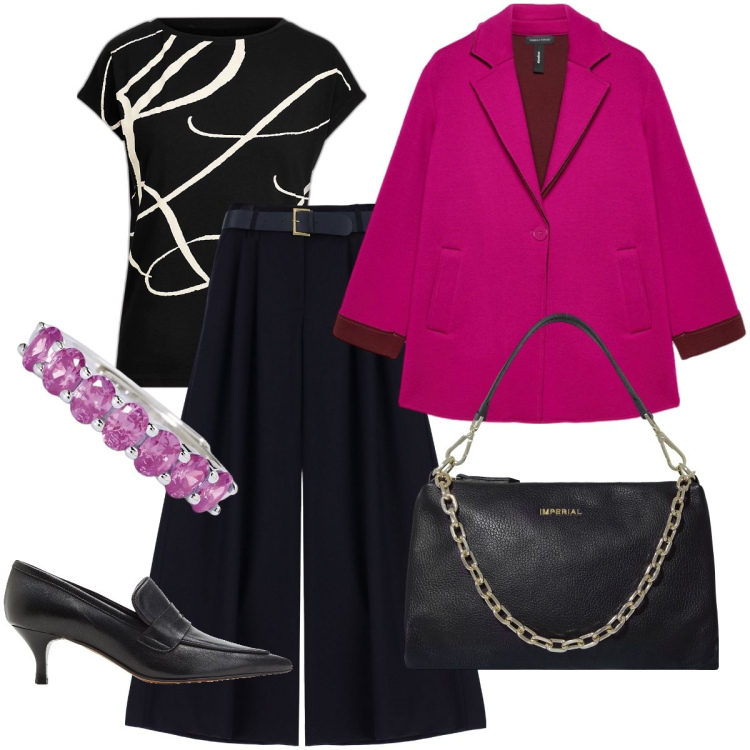 Outfit donna - La veretta in argento. Stile Bon Ton per Serata fuori. Abbinamento con mocassini, anelli, pantaloni a palazzo, pochette, maglieria, blazer.