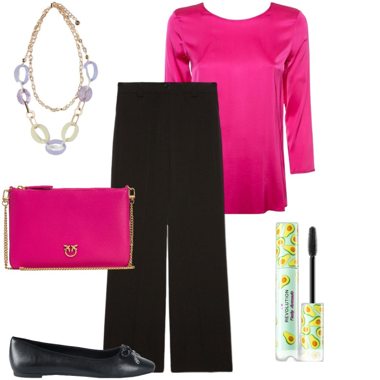 Outfit donna - Elegante per Pasqua. Stile Bon Ton per Serata fuori. Abbinamento con ballerine, mascara, borse a tracolla, pantaloni, bluse, ciondoli.