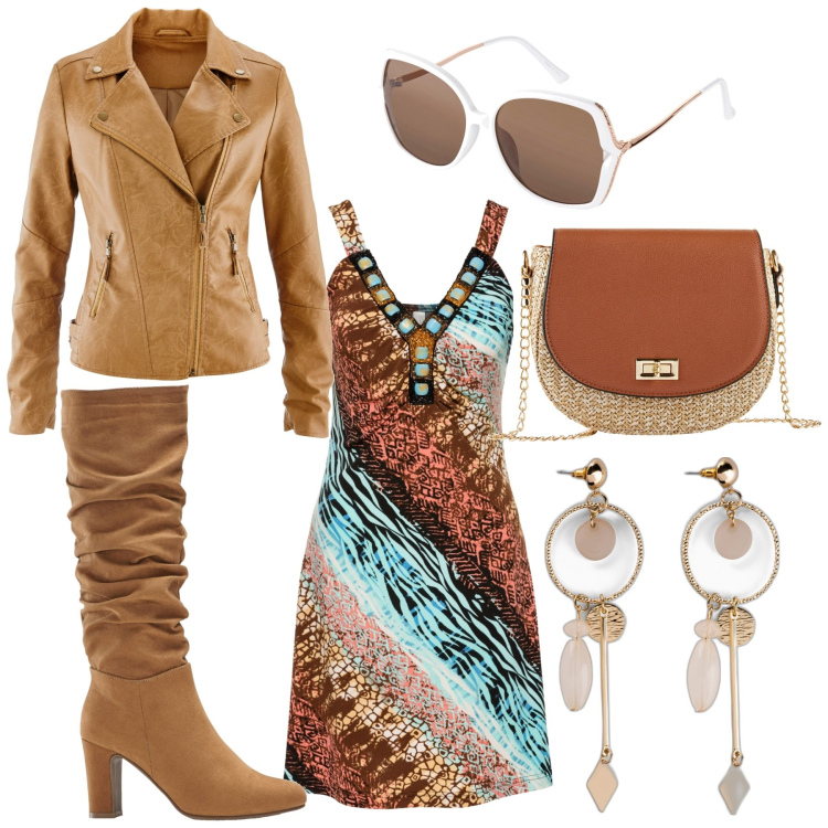 Outfit donna - Etnica ma chic. Stile Etnico per Tutti i giorni. Abbinamento con vestiti, orecchini, stivali, borse a tracolla, blazer, occhiali da sole.
