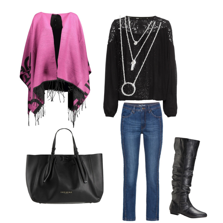 Outfit donna - Total look #1844082. Stile Urban per Tutti i giorni. Abbinamento con tuniche, ciondoli, stivali sopra il ginocchio, jeans, borse a mano, cappotti.