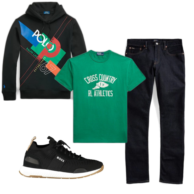 Outfit uomo - Total look. Stile Urban per Tutti i giorni. Abbinamento con jeans, felpe con cappuccio, t-shirt, scarpe sportive.