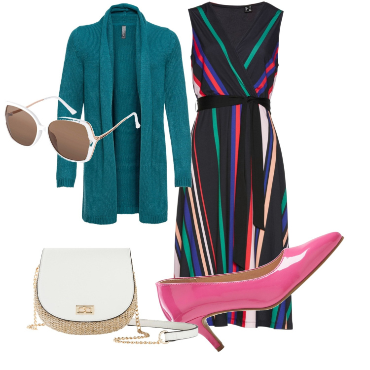 Outfit donna - Colori per le feste. Stile Chic per Tutti i giorni. Abbinamento con vestiti, cardigans, décolleté, occhiali da sole, borse a tracolla.