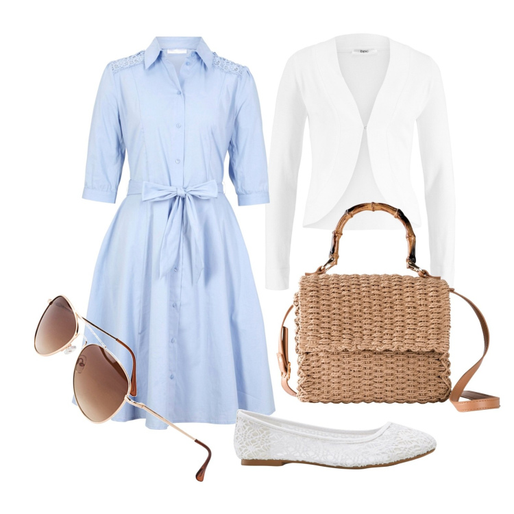 Outfit donna - Ghost outfitter - marzo. Stile Bon Ton per Tutti i giorni. Abbinamento con ballerine, occhiali da sole, vestiti chemisier, borse a mano, blazer.