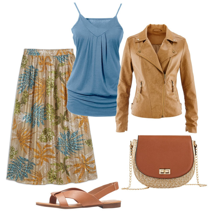 Outfit donna - Primavera in ufficio. Stile Trendy per Ufficio. Abbinamento con top, sandali, gonne lunghe, borse a tracolla, blazer.
