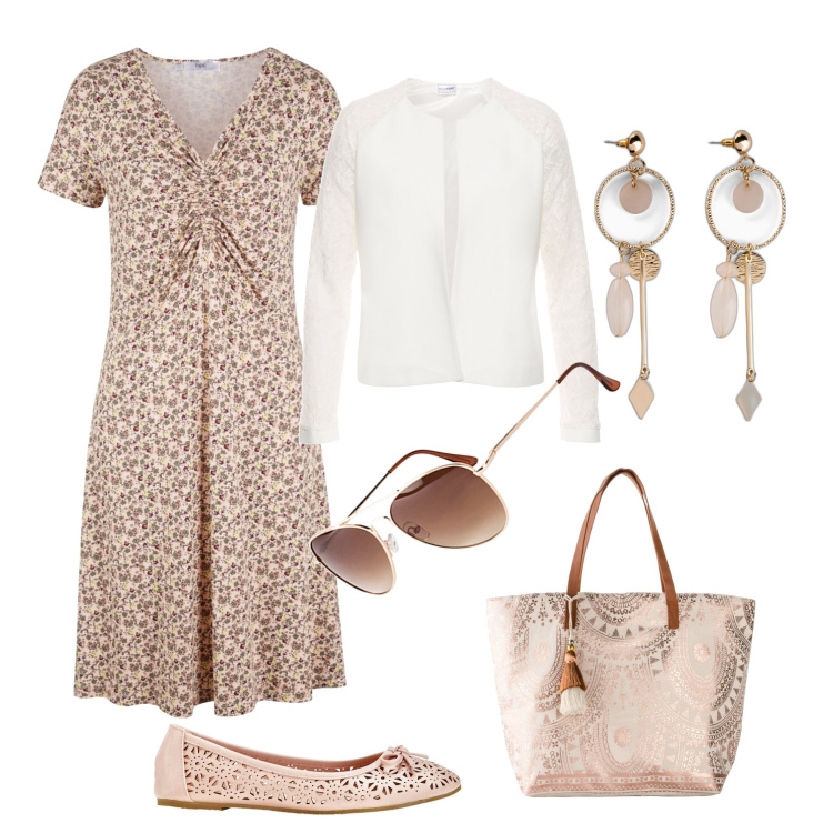Outfit donna - Passeggiata domenicale. Stile Romantica per Tutti i giorni. Abbinamento con vestiti midi/longuette, orecchini, occhiali da sole, ballerine, blazer, shopping bag.