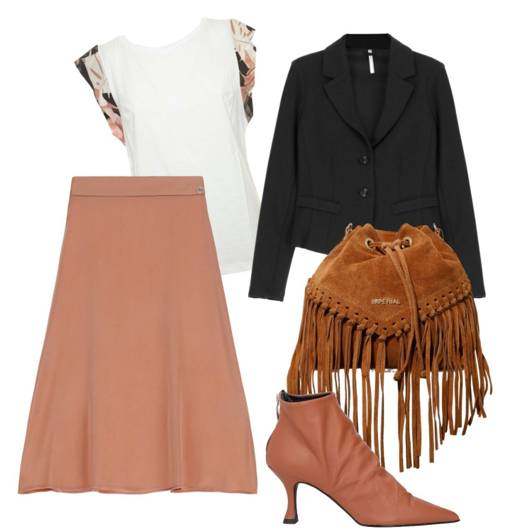 Outfit donna - La borsa boho. Stile Urban per Tutti i giorni. Abbinamento con stivaletti, gonne longuette, borse a secchiello, blazer, canottiere.