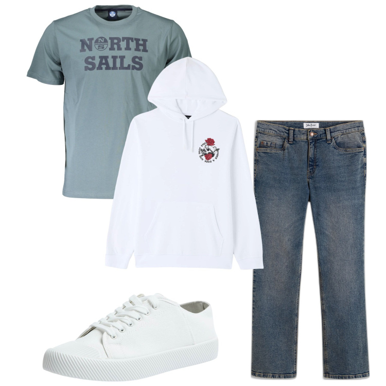 Outfit uomo - Total look. Stile Urban per Tutti i giorni. Abbinamento con jeans bootcut, felpe con cappuccio, sneakers, t-shirt.