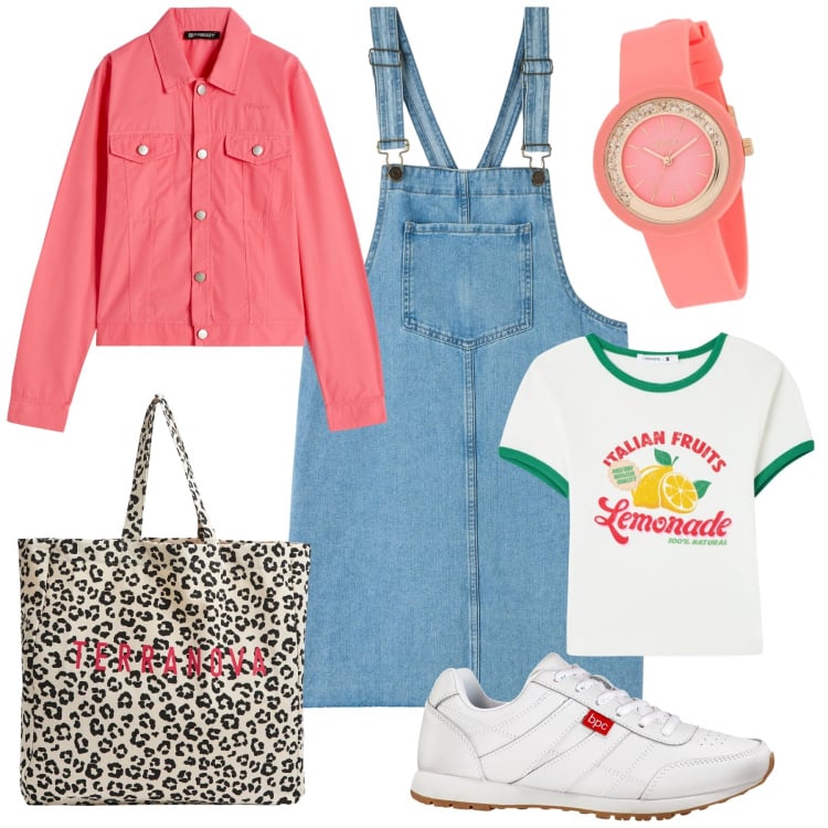 Outfit donna - Abito salopette in denim. Stile Casual chic per Tutti i giorni. Abbinamento con sneakers, orologi, shopping bag, vestiti senza maniche, t-shirt, blazer.