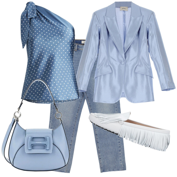 Outfit donna - Serata in mocassini. Stile Casual chic per Serata fuori. Abbinamento con mocassini, jeans slim fit, blazer, camicie, borse a tracolla.