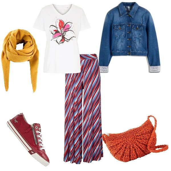 Outfit donna - happy by bonprix. Stile Casual per Tutti i giorni. look ideale per Petite. Abbinamento con foulard, pantaloni a palazzo, borse a tracolla, t-shirt, blazer, sneakers.