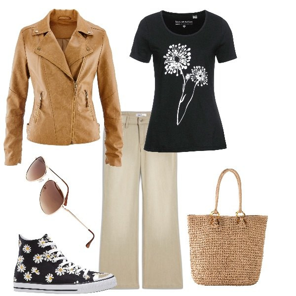 Outfit donna - comodità alla portata. Stile Urban per Tutti i giorni. look ideale per Petite. Abbinamento con sneakers alte, occhiali da sole, jeans, t-shirt, blazer, shopping bag.