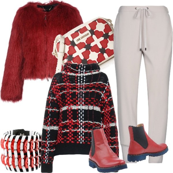 Outfit donna - Week end comodo&caldo. Stile Urban per Tutti i giorni. Abbinamento con stivaletti con tacco squadrato e punta tonda tinta unita, maglioncino senza tasche contrasto lavorato a maglia collo a dolcevita a maniche lunghe taglia media con zip, pantalone vita alta con coulisse crêpe, ecopelliccia, bracciale con gancetto, borsa multicolore.