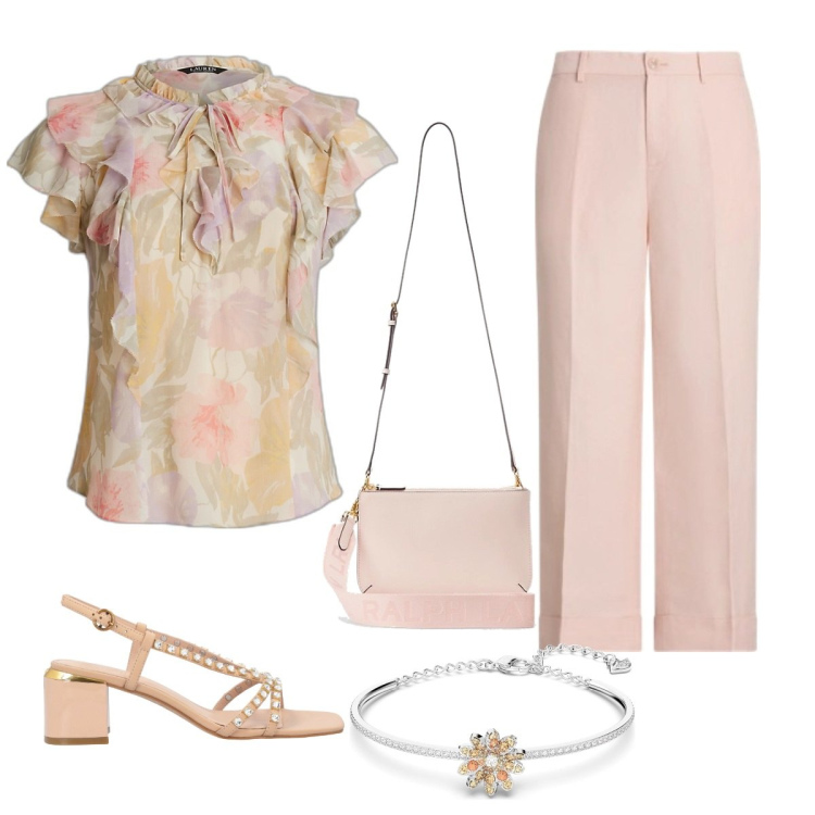 Outfit donna - Rosa. Stile Romantica per Serata fuori. Abbinamento con sandali in pelle, borse a tracolla, camicie, pantaloni, braccialetti.