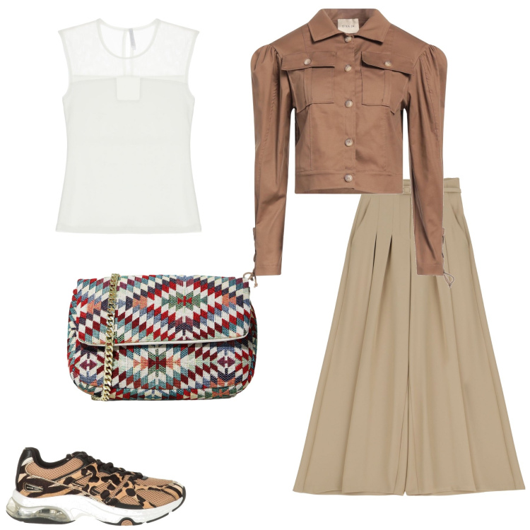 Outfit donna - Comoda. Stile Casual per Tutti i giorni. look ideale per Petite. Abbinamento con blazer, sneakers, pochette, pantaloni a palazzo, t-shirt.