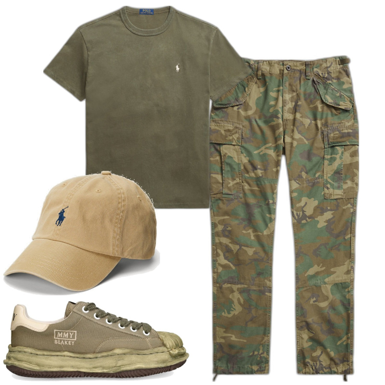 Outfit uomo - Weekend. Stile Casual per Tutti i giorni. Abbinamento con t-shirt, cappelli, pantaloni cargo, sneakers.