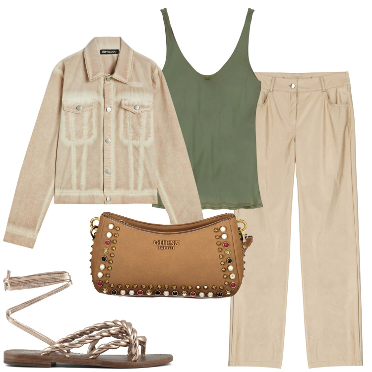 Outfit donna - City. Stile Casual chic per Tutti i giorni. Abbinamento con blazer, pantaloni, canottiere, sandali, borse a spalla.