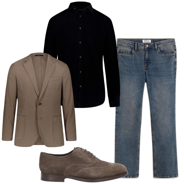 Outfit uomo - Total look. Stile Trendy per Tutti i giorni. Abbinamento con jeans bootcut, scarpe stringate, giacche, camicie.