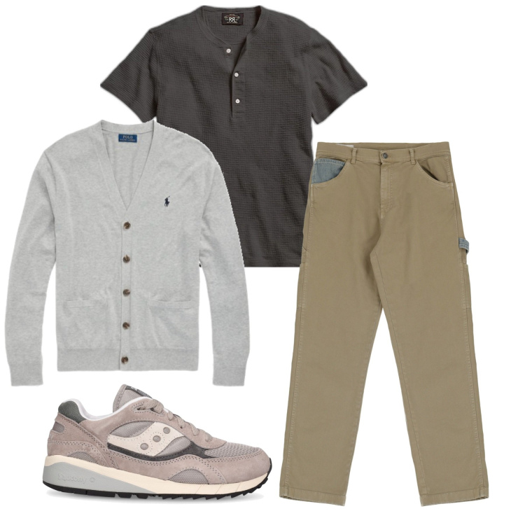 Outfit uomo - Total look. Stile Urban per Tutti i giorni. Abbinamento con pantaloni, t-shirt, cardigans, sneakers.